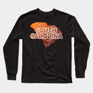 Colorful mandala art map of South Carolina with text in brown and orange Long Sleeve T-Shirt